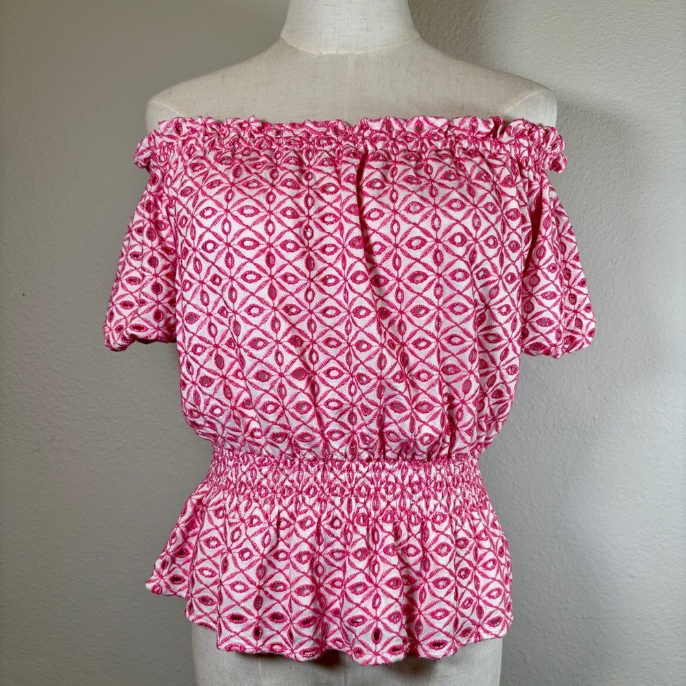 Aqua Pink Embroidered Off-Shoulder Peplum Top Size Medium